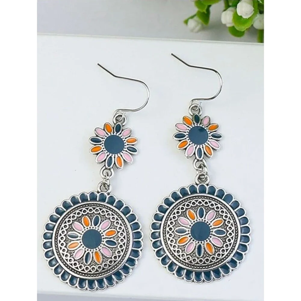 Silver-Tone Blue Floral Drop Earrings with Pink & Orange Accents